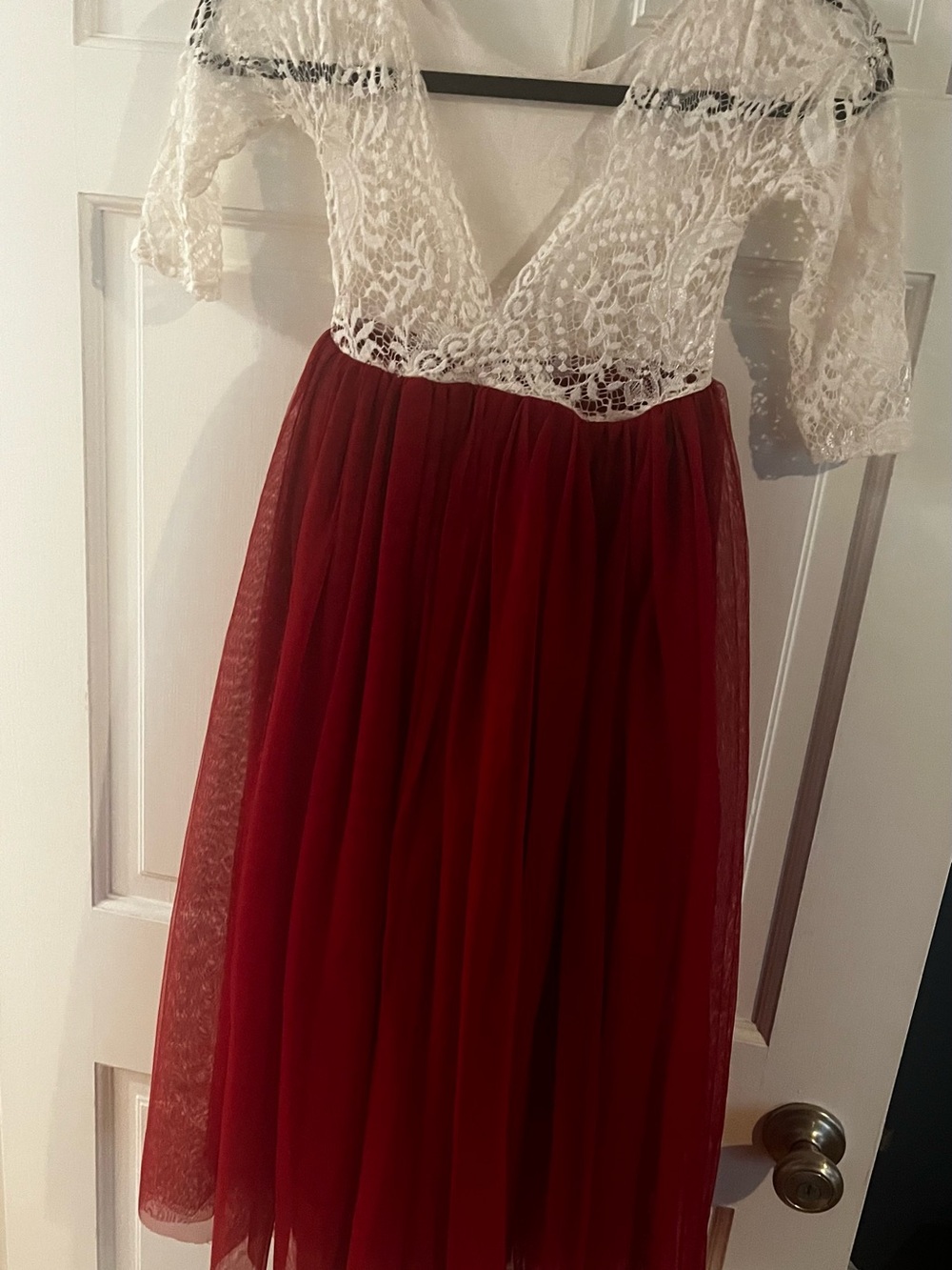 Girls Ivory Lace Bodice Burgundy Tulle Party Dress